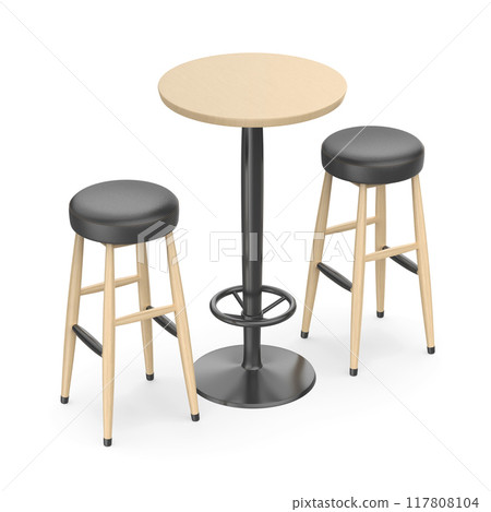 Wooden table and bar stools 117808104