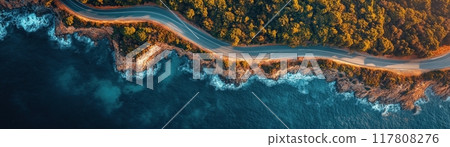 Aerial View of Coastal Road Winding Through Forest Alongside Turquoise Ocean Waves Aerial View of Coastal Road Winding Through Forest Alongside Turquoise Ocean Waves 117808276