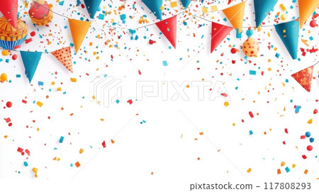 Colorful Party Banners and Confetti on White Background for Celebrations and Festive Events 117808293