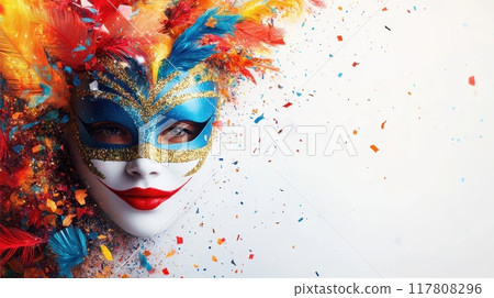 Vibrant Carnival Mask with Colorful Feathers and Confetti on White Background Vibrant Carnival Mask with Colorful Feathers and Confetti on White Background 117808296