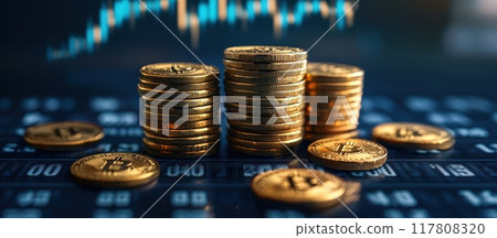 Stacks of Gold Bitcoin Coins on Digital Financial Data Background with Blue Graphs 117808320