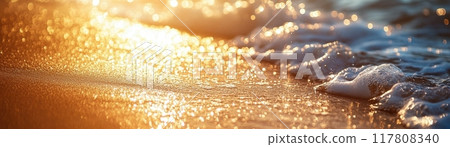 Golden Sunset Over Sparkling Ocean Waves Gently Washing Ashore on a Sandy Beach Golden Sunset Over Sparkling Ocean Waves Gently Washing Ashore on a Sandy Beach 117808340