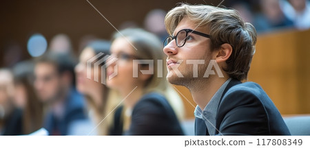 Young Professional Man Attentively Listening in a Business Meeting or Conference Setting Young Professional Man Attentively Listening in a Business Meeting or Conference Setting 117808349