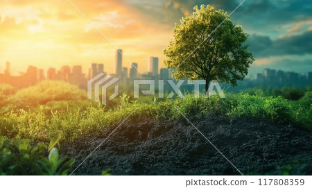 Lone Tree on a Hill with a Modern City Skyline in the Background at Sunset 117808359