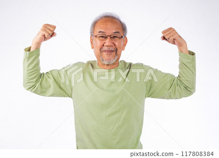 Portrait Asian grey haired smiling senior man flexing muscles and smiling studio shot isolated on white background, elderly showing off very strong and healthy Portrait Asian grey haired smiling senior man flexing muscles and smiling studio shot isolated on white background, elderly showing off very strong and healthy 117808384