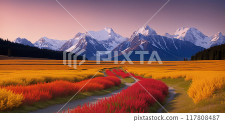 The flower field is in the foreground with the background of snowy mountains and sky. 117808487