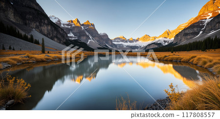 A quiet lake with snowy mountains and sky as a background. 117808557