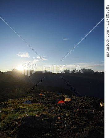 Northern Alps: The Hotaka mountain range and the sunrise seen from Mt. Kasagatake Northern Alps: The Hotaka mountain range and the sunrise seen from Mt. Kasagatake 117808595
