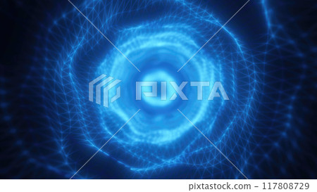 A glowing blue vortex with geometric wireframe patterns converging toward the center, creating a futuristic and digital abstract tunnel tech sci-fi effect 117808729