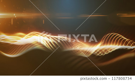 A smooth wave of golden particles on a dark background, with a warm, glowing effect, symbolizing energy or data flow A smooth wave of golden particles on a dark background, with a warm, glowing effect, symbolizing energy or data flow 117808734