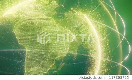 A digital representation of green Earth with glowing lines encircling the planet, highlighting global connectivity and technology 117808735