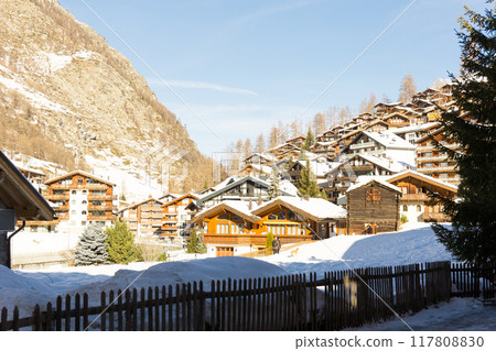 Snowy mountain Matterhorn during the day in winter. Zermatt, swiss alps Snowy mountain Matterhorn during the day in winter. Zermatt, swiss alps 117808830