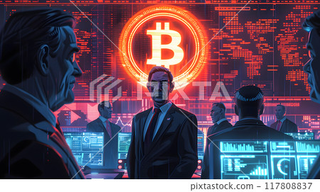 A group of men in suits are illuminated by the lighting in front of a bitcoin sign, creating an entertaining and captivating scene reminiscent of a music artist performing on stage 117808837