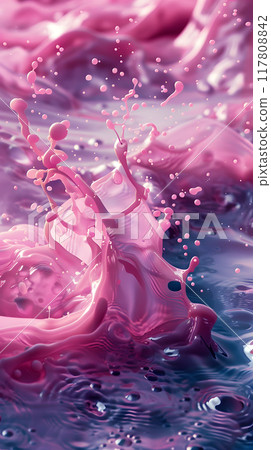 A close up shot capturing the vibrant pink liquid splashing into a pool of water, creating a mesmerizing blend of colors including violet, magenta, and electric blue 117808842
