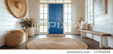Bright and Airy Coastal Entryway with Blue Door and Natural Woven Decor Elements Bright and Airy Coastal Entryway with Blue Door and Natural Woven Decor Elements 117808948