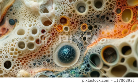 Abstract Macro Shot of Colorful Organic Patterns and Textures with Circular Shapes and Bubbles 117808955