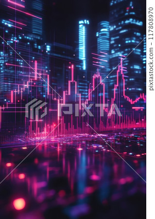Futuristic Financial Data Visualization with Neon Lights in a Modern Cityscape at Night 117808970