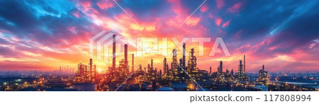 Panoramic View of Industrial Refinery at Sunset with Dramatic Sky and Vibrant Colors 117808994