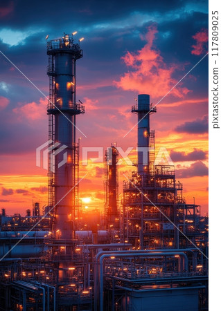 Industrial Refinery at Sunset with Dramatic Sky and Illuminated Structures Industrial Refinery at Sunset with Dramatic Sky and Illuminated Structures 117809025