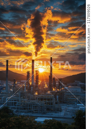 Industrial Refinery at Sunset with Dramatic Sky and Smokestacks Emitting Vapor Industrial Refinery at Sunset with Dramatic Sky and Smokestacks Emitting Vapor 117809026