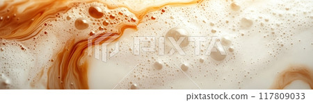 Abstract Close-Up of Coffee and Milk Swirls Creating a Marbled Texture with Bubbles 117809033