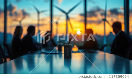 Business Meeting at Sunset with Wind Turbines in the Background, Sustainable Energy Concept 117809034