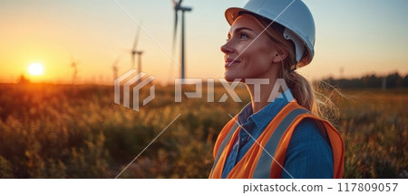 Female Engineer in Safety Gear Observing Wind Turbines at Sunset in a Renewable Energy Field Female Engineer in Safety Gear Observing Wind Turbines at Sunset in a Renewable Energy Field 117809057