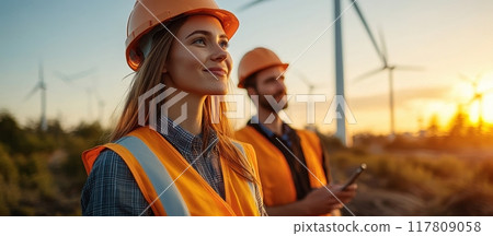Renewable Energy Engineers at Wind Farm During Sunset, Wearing Safety Gear and Helmets 117809058