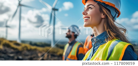Smiling Female Engineer in Safety Gear at Wind Farm with Colleagues in Background on a Sunny Day Smiling Female Engineer in Safety Gear at Wind Farm with Colleagues in Background on a Sunny Day 117809059
