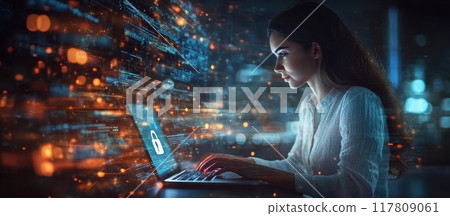 Woman Working on Laptop with Cybersecurity Interface and Digital Data Streams in Background Woman Working on Laptop with Cybersecurity Interface and Digital Data Streams in Background 117809061