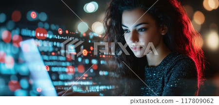 Young Woman Working on Laptop with Digital Code Overlay in a Modern Tech Environment at Night Young Woman Working on Laptop with Digital Code Overlay in a Modern Tech Environment at Night 117809062