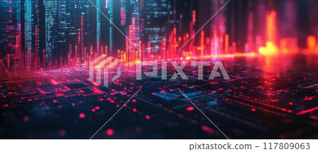 Futuristic Digital Cityscape with Neon Lights and High-Tech Skyscrapers in a Cyberpunk Style 117809063