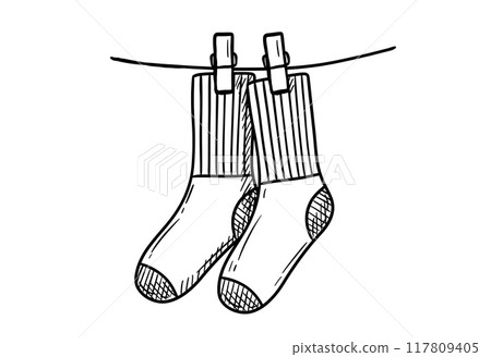 Socks with clothespins are hanging on rope. Doodle illustration. Clothes in laundry sketch Socks with clothespins are hanging on rope. Doodle illustration. Clothes in laundry sketch 117809405