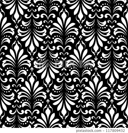 Wallpaper in the style of Baroque. Seamless vector background. White and black floral ornament. Graphic pattern for fabric, wallpaper, packaging. Ornate Damask flower ornament. Wallpaper in the style of Baroque. Seamless vector background. White and black floral ornament. Graphic pattern for fabric, wallpaper, packaging. Ornate Damask flower ornament. 117809432