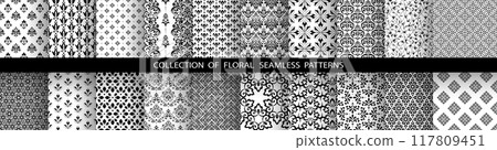 Geometric floral set of seamless patterns. White and black vector backgrounds. Damask graphic ornaments. 117809451