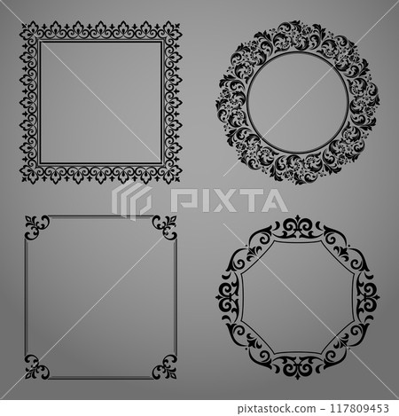 Set of decorative frames Elegant vector element for design in Eastern style, place for text. Floral black and gray borders. Lace illustration for invitations and greeting cards 117809453