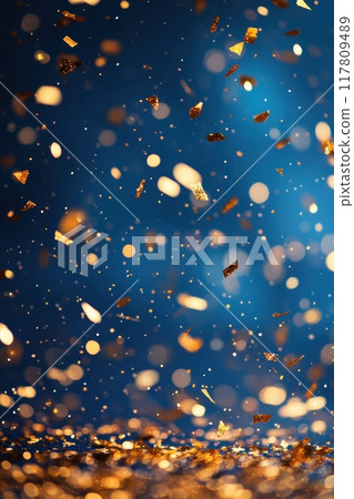 Sparkling Gold and Blue Confetti Falling Against a Deep Blue Background in a Festive Celebration Sparkling Gold and Blue Confetti Falling Against a Deep Blue Background in a Festive Celebration 117809489