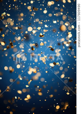 Festive Golden and Silver Confetti Falling Against a Vibrant Blue Background 117809490