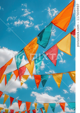 Colorful Festive Flags Against a Bright Blue Sky with Fluffy White Clouds Colorful Festive Flags Against a Bright Blue Sky with Fluffy White Clouds 117809497