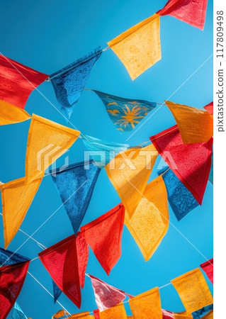 Colorful Festive Flags Against a Clear Blue Sky on a Sunny Day 117809498