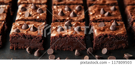 Delicious Homemade Chocolate Brownies with Chocolate Chips on Top, Freshly Baked and Ready to Enjoy 117809503