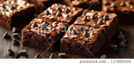 Delicious Homemade Chocolate Brownies with Chocolate Chips on Rustic Wooden Table Delicious Homemade Chocolate Brownies with Chocolate Chips on Rustic Wooden Table 117809504