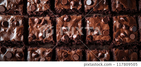 Delicious Homemade Chocolate Brownies with Chocolate Chips in a Grid Pattern - Perfect for Dessert and Baking Themes 117809505