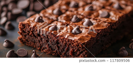 Delicious Homemade Chocolate Brownies with Chocolate Chips on Top - Perfect Dessert for Any Occasion Delicious Homemade Chocolate Brownies with Chocolate Chips on Top - Perfect Dessert for Any Occasion 117809506