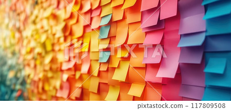 Colorful Wall of Sticky Notes in a Creative Office Environment with Vibrant Rainbow Colors 117809508