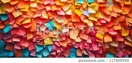 Colorful Wall of Sticky Notes in a Gradient Pattern from Red to Blue 117809509