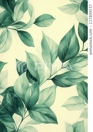 Elegant Green Leaves Pattern on Light Background - Nature Inspired Botanical Illustration for Home Decor and Design Elegant Green Leaves Pattern on Light Background - Nature Inspired Botanical Illustration for Home Decor and Design 117809537