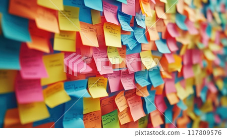 Colorful Wall of Sticky Notes in Office Setting for Brainstorming and Creative Ideas Colorful Wall of Sticky Notes in Office Setting for Brainstorming and Creative Ideas 117809576