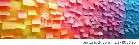 Colorful Wall of Sticky Notes in Gradient Spectrum from Yellow to Purple 117809580