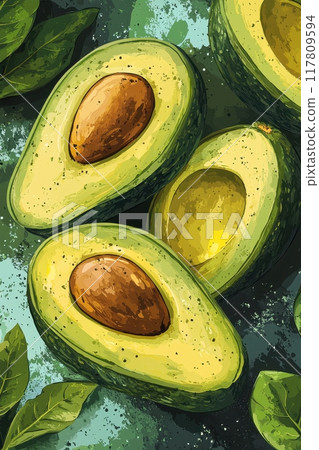 Fresh Avocado Halves with Seeds and Leaves - Vibrant and Detailed Illustration of Healthy Green Fruit 117809594